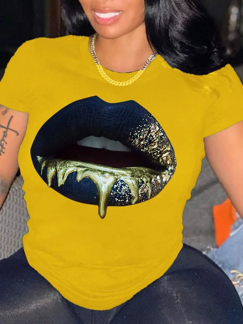 Plus Size Round Neck Lip Print T-shirt Women’s Sexy Short-Sleeved Basic White T-shirt