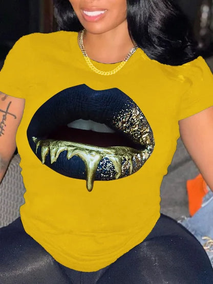 Plus Size Round Neck Lip Print T-shirt Women’s Sexy Short-Sleeved Basic White T-shirt
