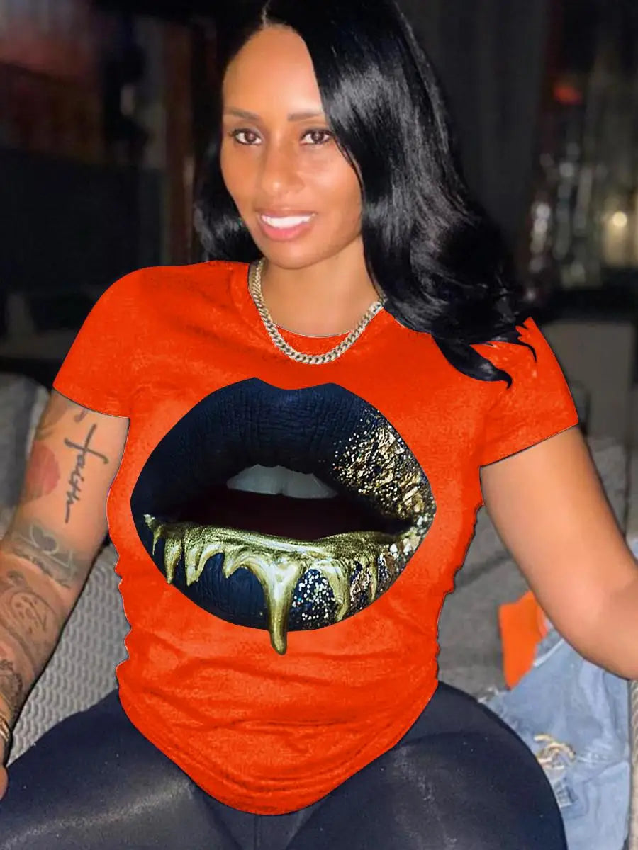 Plus Size Round Neck Lip Print T-shirt Women’s Sexy Short-Sleeved Basic White T-shirt