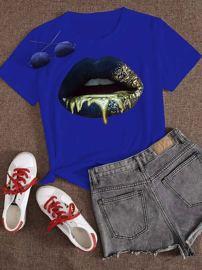 Plus Size Round Neck Lip Print T-shirt Women’s Sexy Short-Sleeved Basic White T-shirt