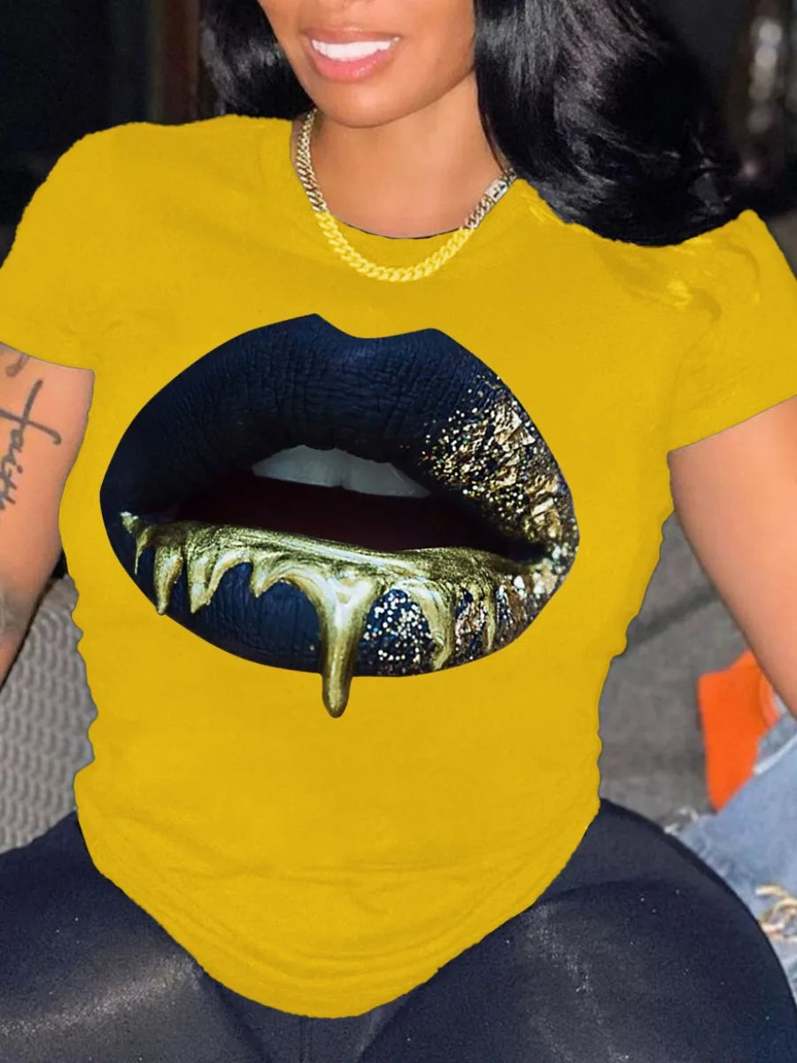 Plus Size Round Neck Lip Print T-shirt Women’s Sexy Short-Sleeved Basic White T-shirt