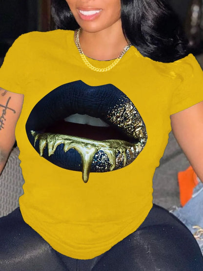 Plus Size Round Neck Lip Print T-shirt Women’s Sexy Short-Sleeved Basic White T-shirt