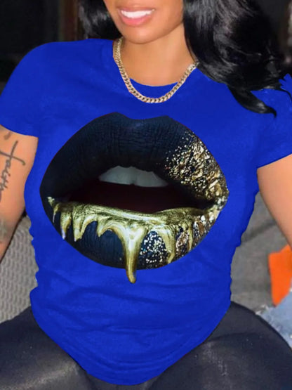 Plus Size Round Neck Lip Print T-shirt Women’s Sexy Short-Sleeved Basic White T-shirt