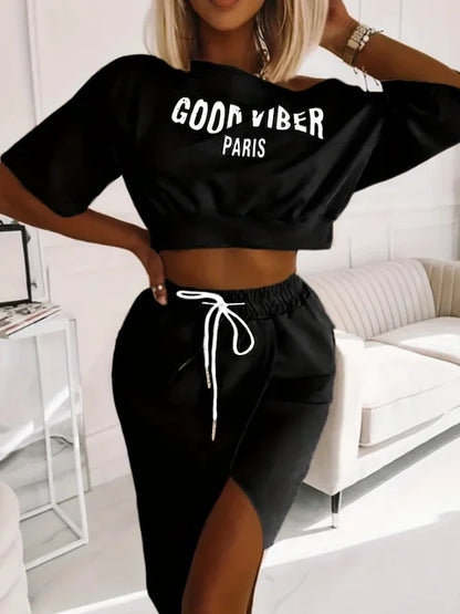 Plus Size Two Piece Good Viber One Shoulder Letter Print Set Crop Top High Split Skirt Elegant Matching Outfits For Women