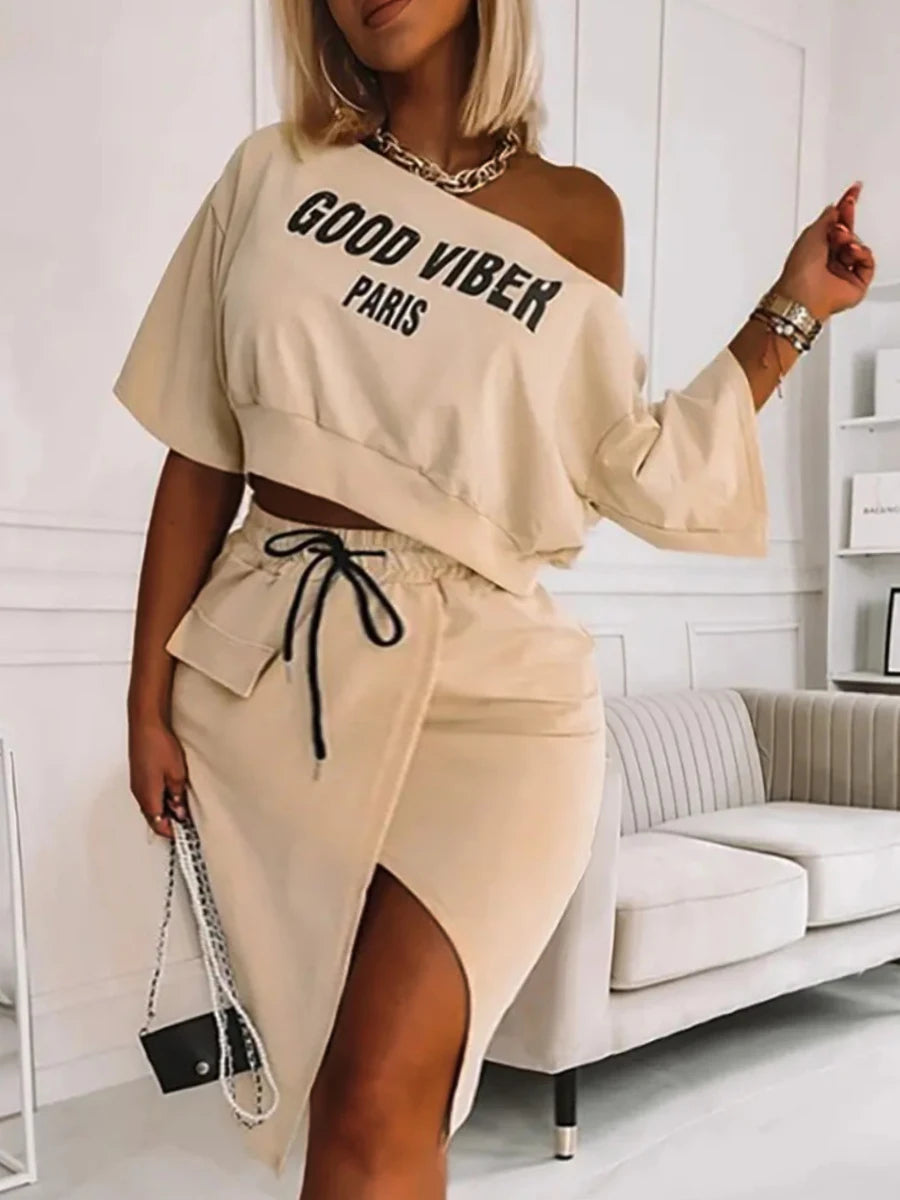 Plus Size Two Piece Good Viber One Shoulder Letter Print Set Crop Top High Split Skirt Elegant Matching Outfits For Women