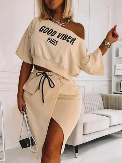 Plus Size Two Piece Good Viber One Shoulder Letter Print Set Crop Top High Split Skirt Elegant Matching Outfits For Women