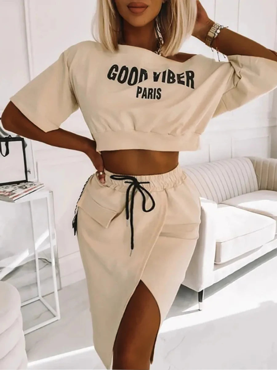 Plus Size Two Piece Good Viber One Shoulder Letter Print Set Crop Top High Split Skirt Elegant Matching Outfits For Women