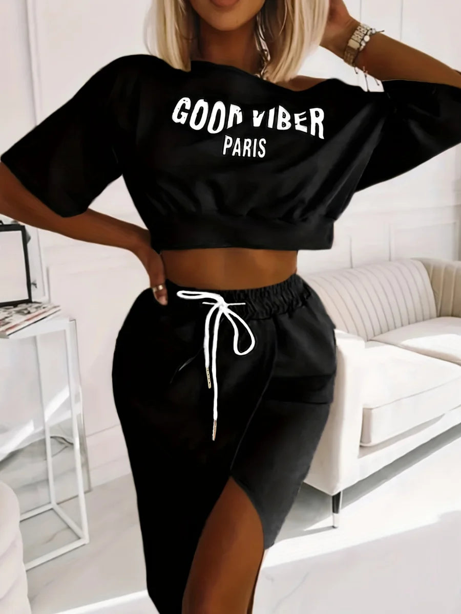 Plus Size Two Piece Good Viber One Shoulder Letter Print Set Crop Top High Split Skirt Elegant Matching Outfits For Women