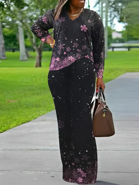 Conjunto de dos piezas holgado informal de manga larga con pantalones y abertura lateral con estampado mixto y cuello en V de talla grande