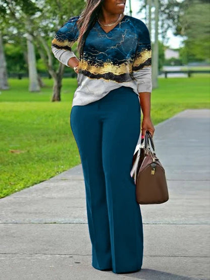 Conjunto de dos piezas holgado informal de manga larga con pantalones y abertura lateral con estampado mixto y cuello en V de talla grande