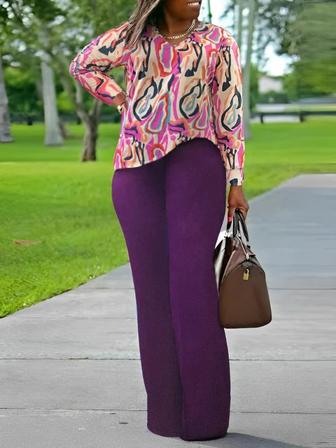 Conjunto de dos piezas holgado informal de manga larga con pantalones y abertura lateral con estampado mixto y cuello en V de talla grande