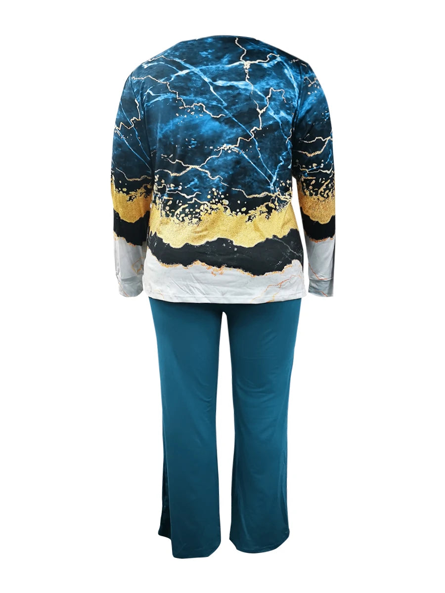 Conjunto de dos piezas holgado informal de manga larga con pantalones y abertura lateral con estampado mixto y cuello en V de talla grande