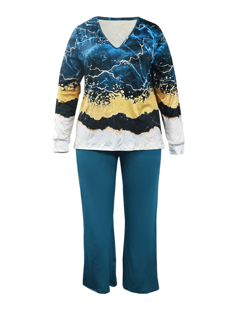 Conjunto de dos piezas holgado informal de manga larga con pantalones y abertura lateral con estampado mixto y cuello en V de talla grande