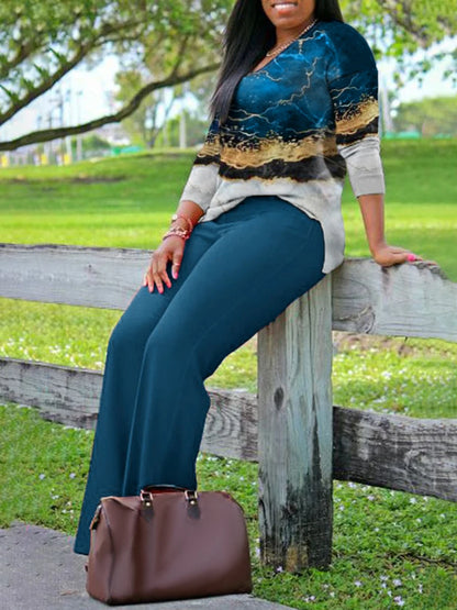 Conjunto de dos piezas holgado informal de manga larga con pantalones y abertura lateral con estampado mixto y cuello en V de talla grande
