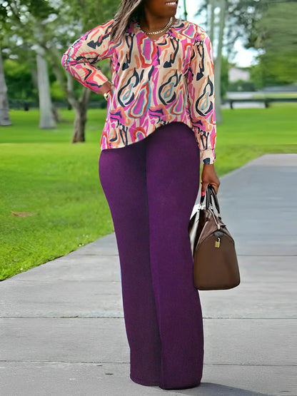 Conjunto de dos piezas holgado informal de manga larga con pantalones y abertura lateral con estampado mixto y cuello en V de talla grande