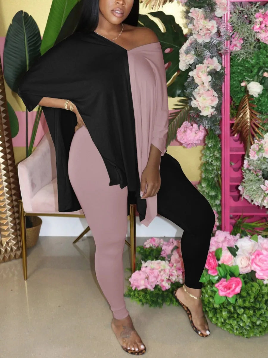 Conjunto de dos piezas de talla grande con escote en V y abertura lateral para mujer, informal, de manga corta y gran tamaño, para otoño