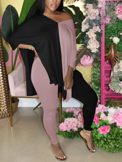 Conjunto de dos piezas de talla grande con escote en V y abertura lateral para mujer, informal, de manga corta y gran tamaño, para otoño