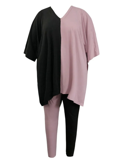 Conjunto de dos piezas de talla grande con escote en V y abertura lateral para mujer, informal, de manga corta y gran tamaño, para otoño