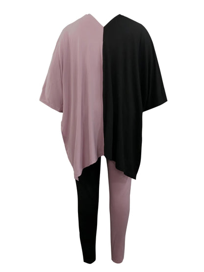 Conjunto de dos piezas de talla grande con escote en V y abertura lateral para mujer, informal, de manga corta y gran tamaño, para otoño