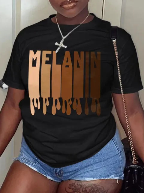 Plus Size Woman Clothes 2025 Summer Casual Round Neck Short Sleeve Melanin Letter Print T-shirt