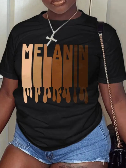 Plus Size Woman Clothes 2025 Summer Casual Round Neck Short Sleeve Melanin Letter Print T-shirt