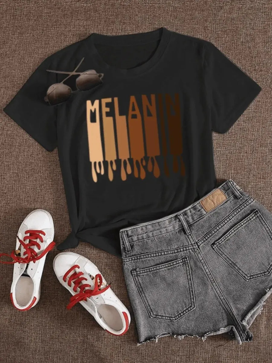 Plus Size Woman Clothes 2025 Summer Casual Round Neck Short Sleeve Melanin Letter Print T-shirt