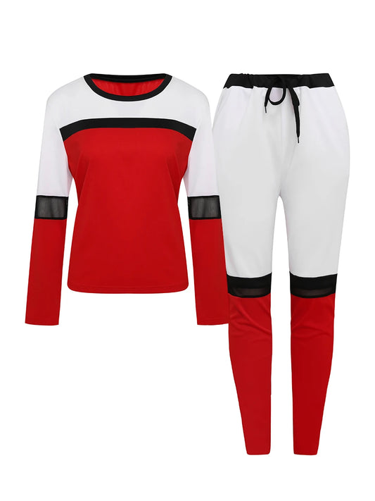 Plus Size Women Two Piece Color-lump Tracksuit Pants Set Patchwork Sporty Long Sleeve Conventional Collar Autumn Outfits