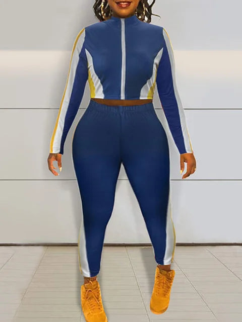 Plus Size Zipper Design Patchwork Pants Set Women Color Block Mandarin Collar Tracksuits Long Sleeve Two Pieces Outfits
