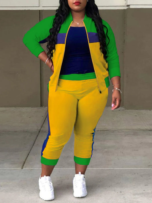 Conjunto de pantalones de patchwork con diseño de cremallera de talla grande para mujer, chándal de cuello mandarín con bloques de color, conjuntos de dos piezas de manga larga