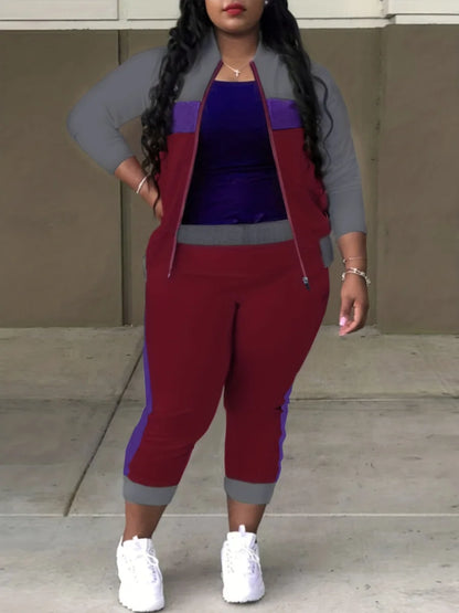 Plus Size Zipper Design Patchwork Pants Set Women Color Block Mandarin Collar Tracksuits Long Sleeve Two Pieces Outfits