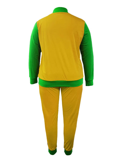 Plus Size Zipper Design Patchwork Pants Set Women Color Block Mandarin Collar Tracksuits Long Sleeve Two Pieces Outfits