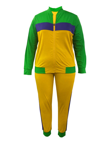 Plus Size Zipper Design Patchwork Pants Set Women Color Block Mandarin Collar Tracksuits Long Sleeve Two Pieces Outfits