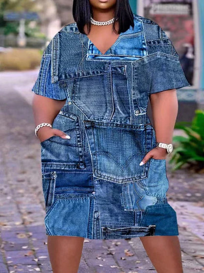 Vestido holgado de verano con cuello en V y bolsillos de imitación de mezclilla para mujer, talla grande