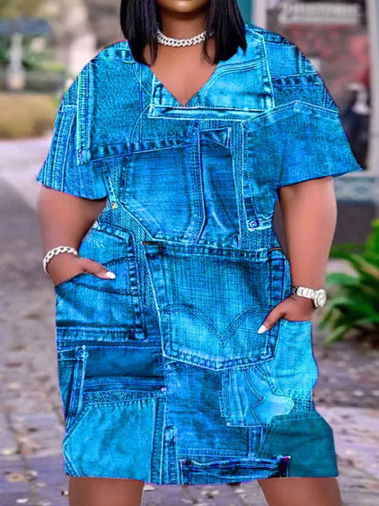 Vestido holgado de verano con cuello en V y bolsillos de imitación de mezclilla para mujer, talla grande