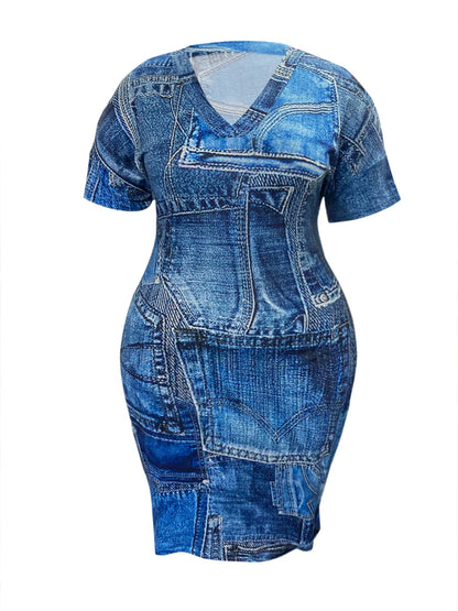 Vestido holgado de verano con cuello en V y bolsillos de imitación de mezclilla para mujer, talla grande