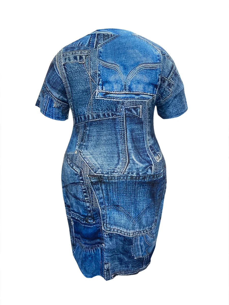 Vestido holgado de verano con cuello en V y bolsillos de imitación de mezclilla para mujer, talla grande