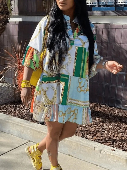 Vestido minivestido holgado de corte A con estampado de talla grande para verano 2025, elegante, de manga corta, para fiesta en la playa