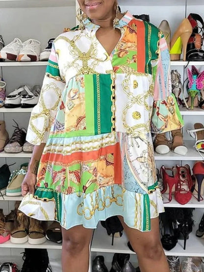 Vestido minivestido holgado de corte A con estampado de talla grande para verano 2025, elegante, de manga corta, para fiesta en la playa