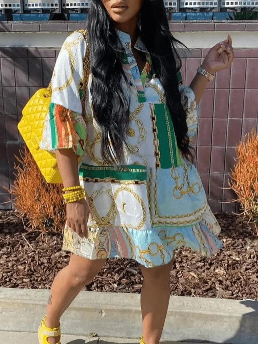Vestido minivestido holgado de corte A con estampado de talla grande para verano 2025, elegante, de manga corta, para fiesta en la playa