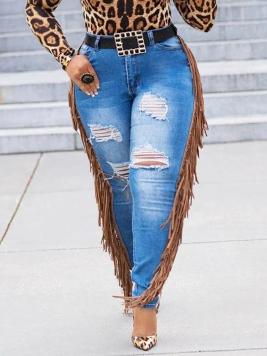 Pantalones vaqueros de verano de talla grande con diseño de borlas, pantalones ajustados rotos para mujer, pantalones cargo de calle Y2K