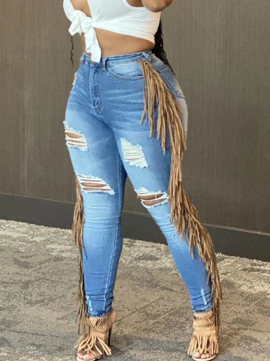 Pantalones vaqueros de verano de talla grande con diseño de borlas, pantalones ajustados rotos para mujer, pantalones cargo de calle Y2K