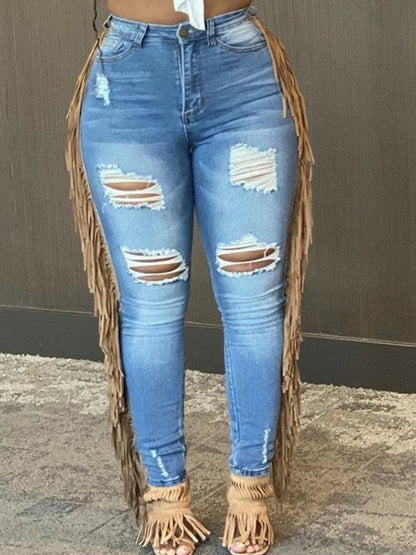 Pantalones vaqueros de verano de talla grande con diseño de borlas, pantalones ajustados rotos para mujer, pantalones cargo de calle Y2K