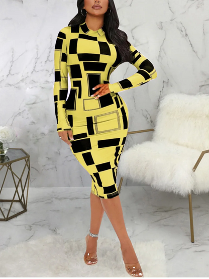 SXY Geometric Print Patchwork Bodycon Dress Mock Neck Body-shaping Long Sleeve Stretchy Women Skinny Streetwear Clothing