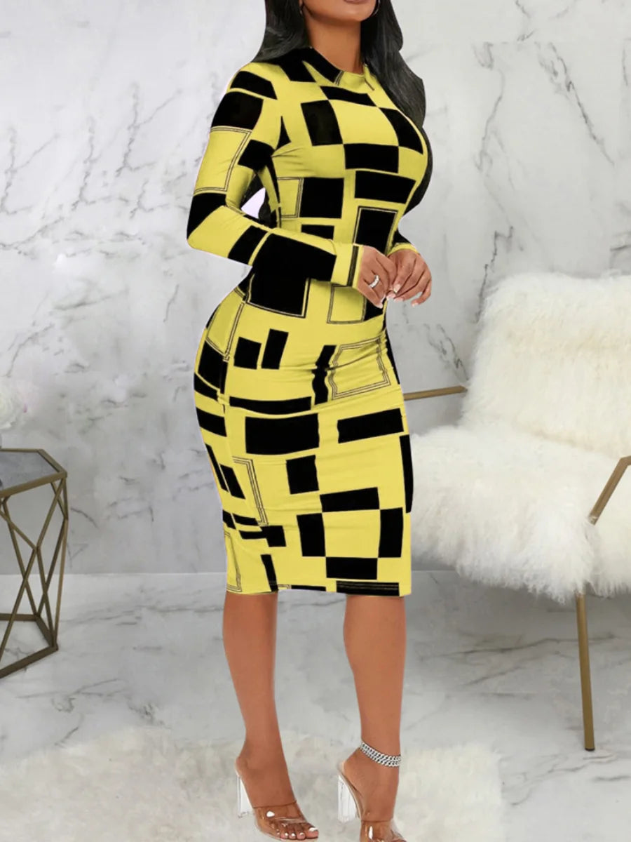 SXY Geometric Print Patchwork Bodycon Dress Mock Neck Body-shaping Long Sleeve Stretchy Women Skinny Streetwear Clothing