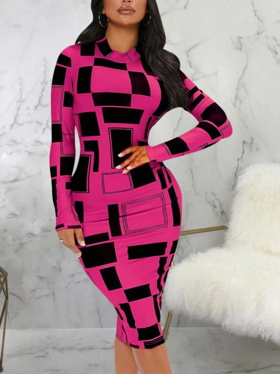 SXY Geometric Print Patchwork Bodycon Dress Mock Neck Body-shaping Long Sleeve Stretchy Women Skinny Streetwear Clothing