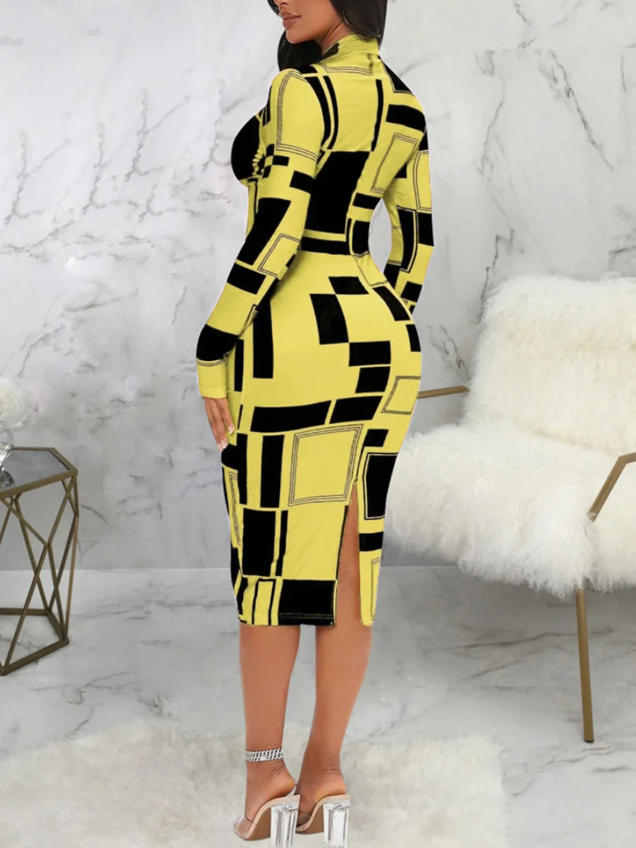 SXY Geometric Print Patchwork Bodycon Dress Mock Neck Body-shaping Long Sleeve Stretchy Women Skinny Streetwear Clothing