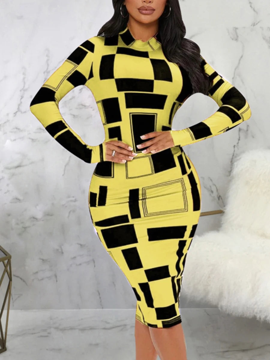 SXY Geometric Print Patchwork Bodycon Dress Mock Neck Body-shaping Long Sleeve Stretchy Women Skinny Streetwear Clothing