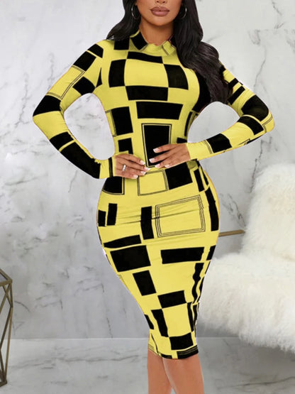 SXY Geometric Print Patchwork Bodycon Dress Mock Neck Body-shaping Long Sleeve Stretchy Women Skinny Streetwear Clothing