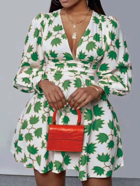 Vestido de moda dulce 2025 con escote en V profundo, estampado floral, minivestido de corte A para mujer, ropa de verano de manga larga, conjuntos para dama