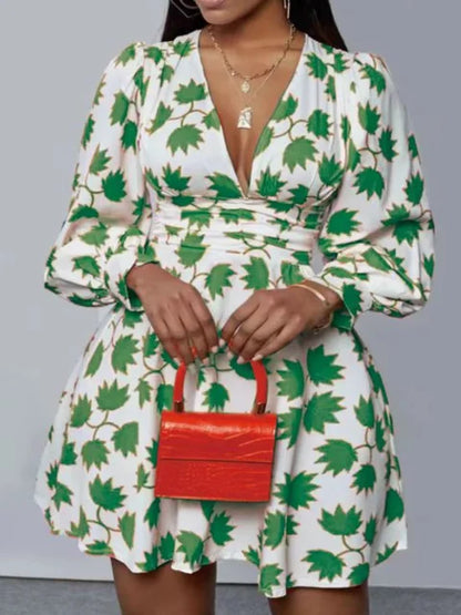 Vestido de moda dulce 2025 con escote en V profundo, estampado floral, minivestido de corte A para mujer, ropa de verano de manga larga, conjuntos para dama